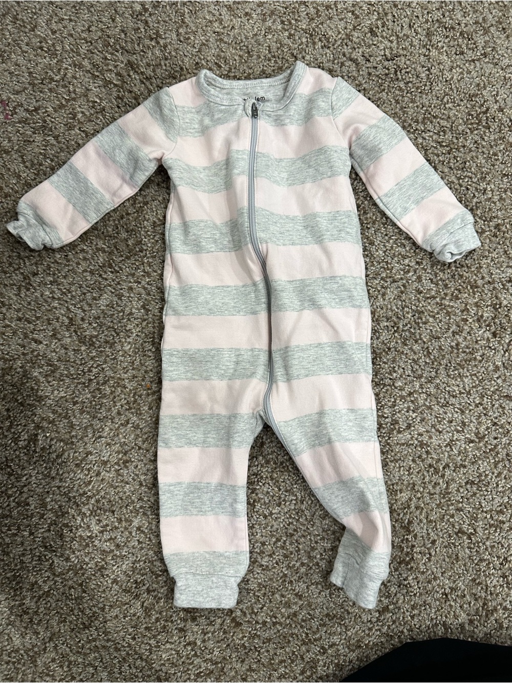 Petit Lem Pink and Gray Striped Zip Footed One-Piece
